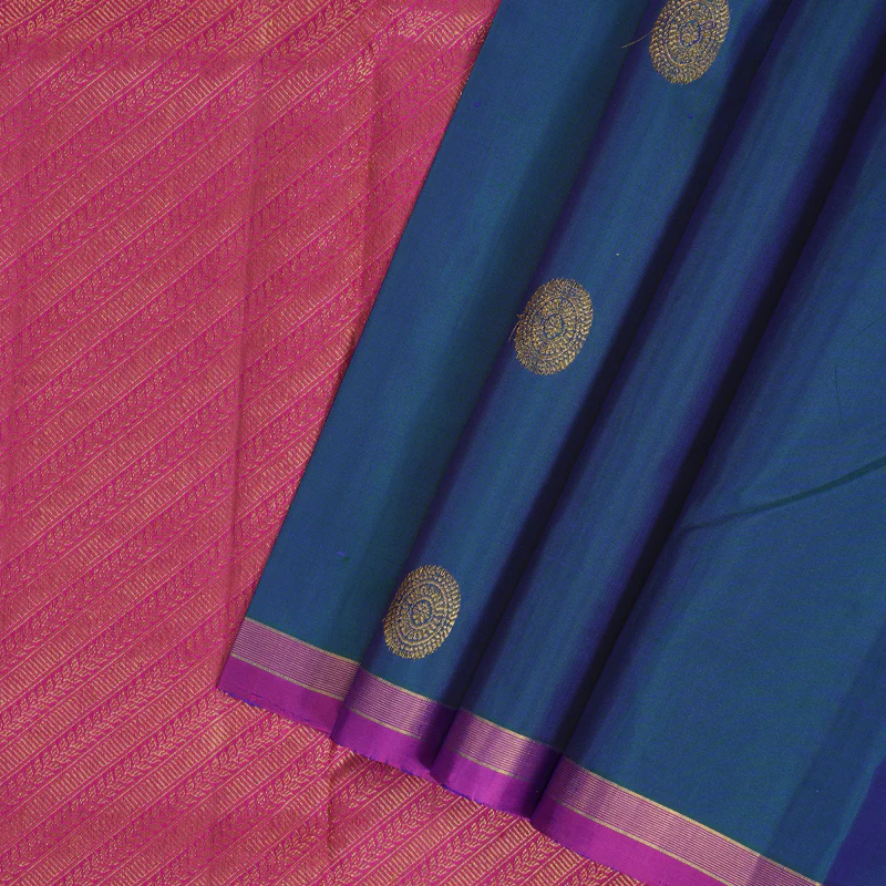 Hayagrivas Handloom Peacock Blue Kanjivaram Silk Saree with Rani Pink Border KBF157D1-1 - Image 2
