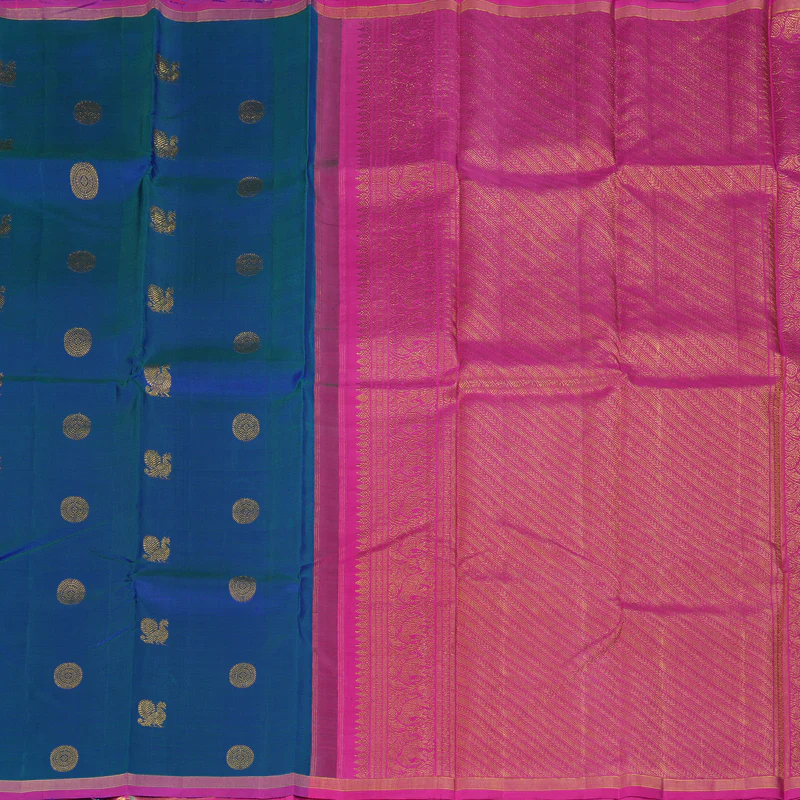 Hayagrivas Handloom Peacock Blue Kanjivaram Silk Saree with Rani Pink Border KBF157D1-1 - Image 5