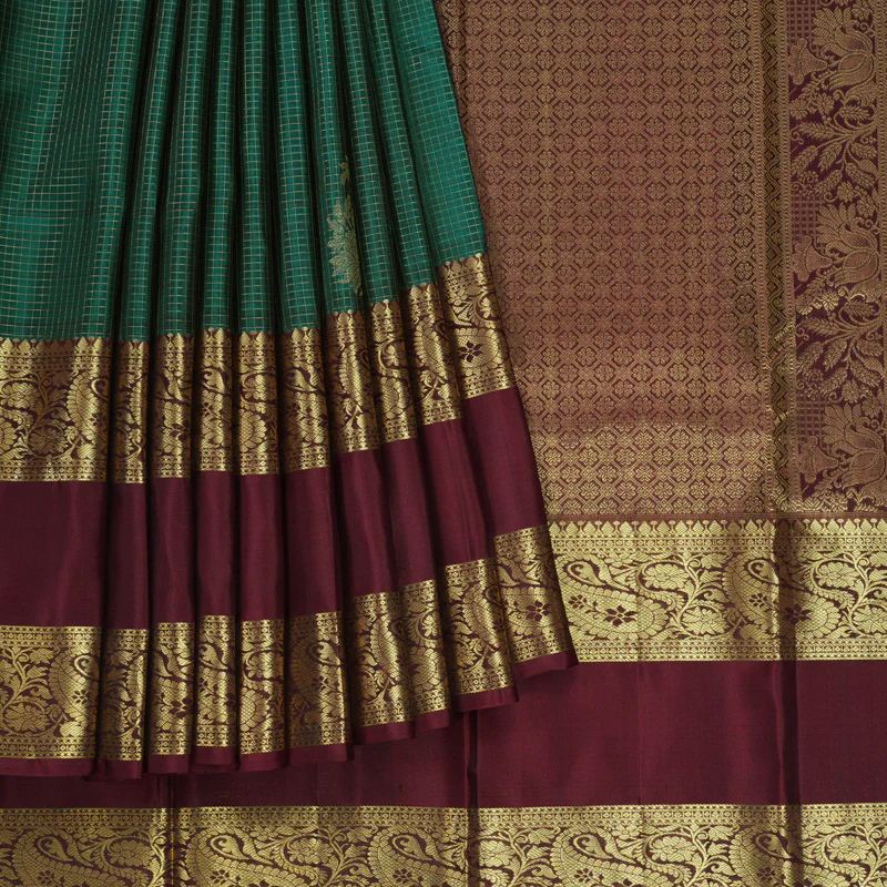 Hayagrivas Handloom Peacock Green Kanjivaram Silk Saree with Wine Maroon Border KBF210E37-3