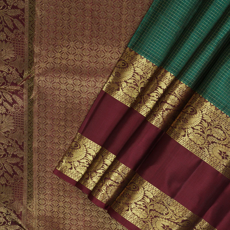 Hayagrivas Handloom Peacock Green Kanjivaram Silk Saree with Wine Maroon Border KBF210E37-3 - Image 3