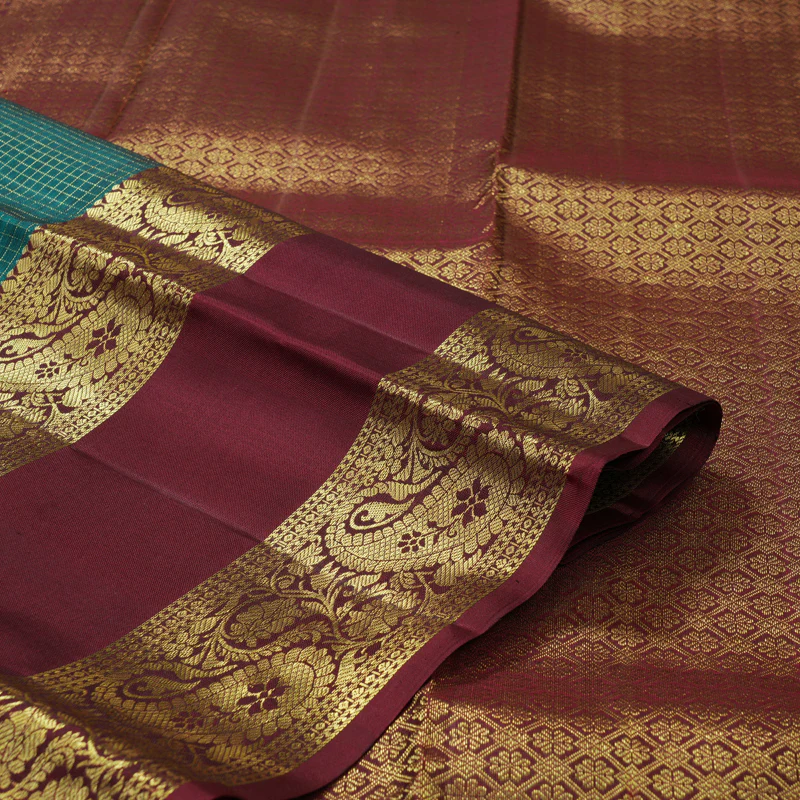 Hayagrivas Handloom Peacock Green Kanjivaram Silk Saree with Wine Maroon Border KBF210E37-3 - Image 4