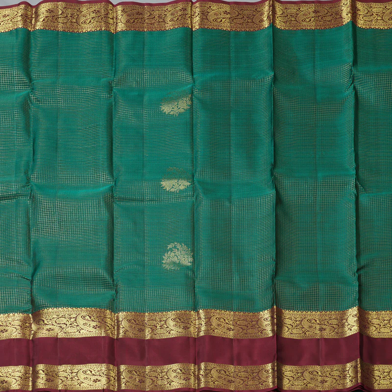 Hayagrivas Handloom Peacock Green Kanjivaram Silk Saree with Wine Maroon Border KBF210E37-3 - Image 5
