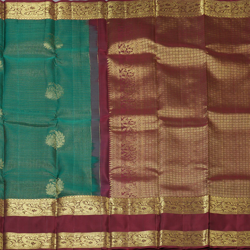 Hayagrivas Handloom Peacock Green Kanjivaram Silk Saree with Wine Maroon Border KBF210E37-3 - Image 6