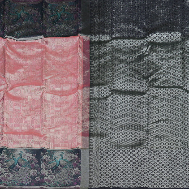 Hayagrivas Handloom Pink Kanjivaram Silk Saree with Navy Blue Border KBE1852L1-3 - Image 5
