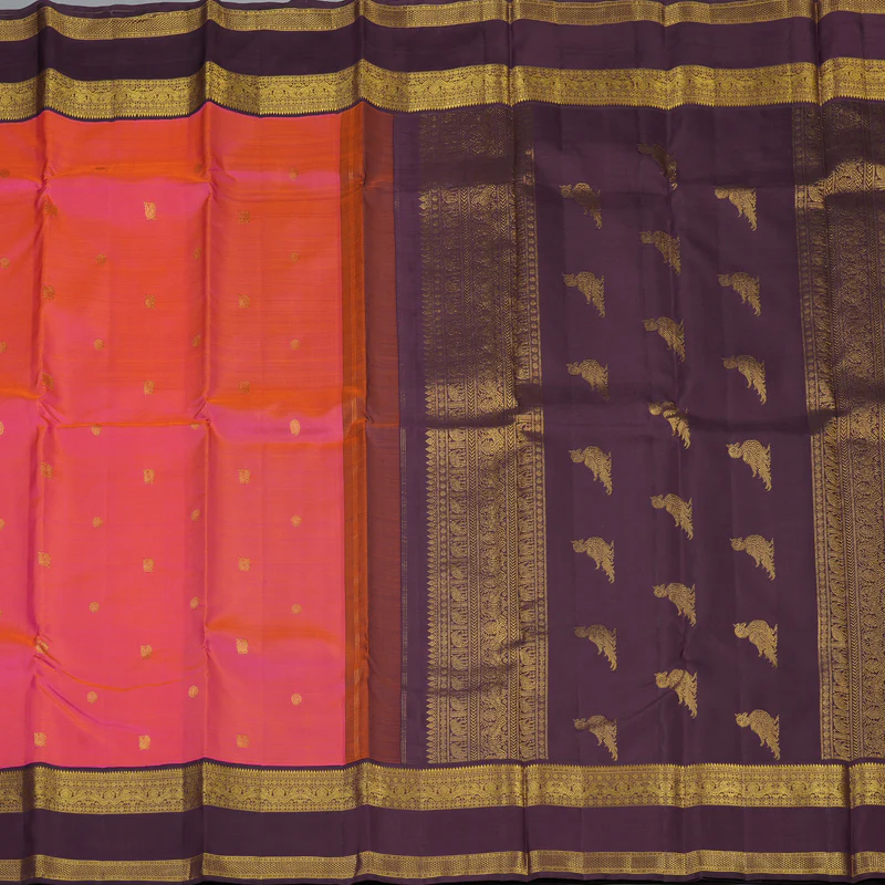 Hayagrivas Handloom Pink Kanjivaram Silk Saree with Plum Purple Border KBF121D2-3 - Image 5