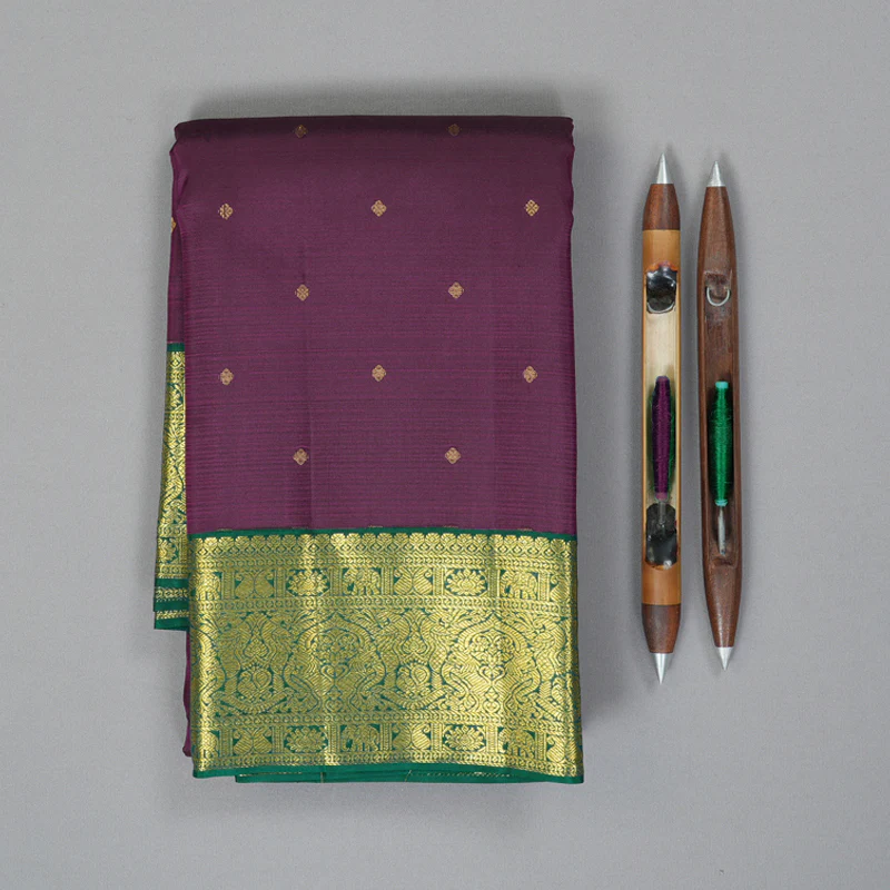 Hayagrivas Handloom Purple Kanjivaram Silk Saree with Dark Green Border SSCBF70E15-6 - Image 2