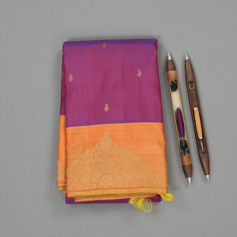 Hayagrivas Handloom Purple Kanjivaram Silk Saree with Golden Orange border BE565-SBS KBEL565C1-1