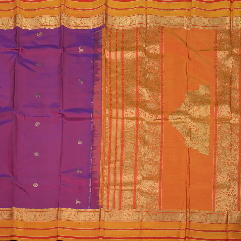 Hayagrivas Handloom Purple Kanjivaram Silk Saree with Golden Orange border KBD2066C5-8 - Image 5