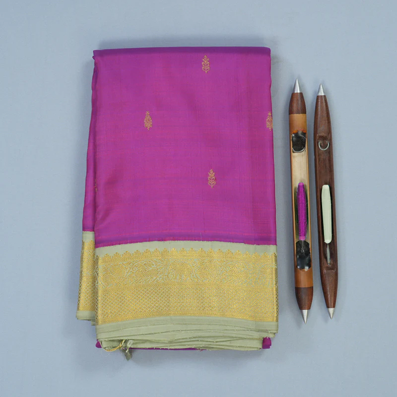 Hayagrivas Handloom Purple Kanjivaram Silk Saree with Greyish-Green Border KBD1831B2-1
