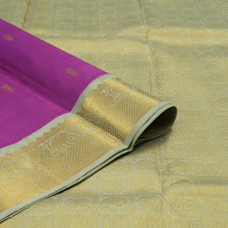Hayagrivas Handloom Purple Kanjivaram Silk Saree with Greyish-Green Border KBD1831B2-1 - Image 3