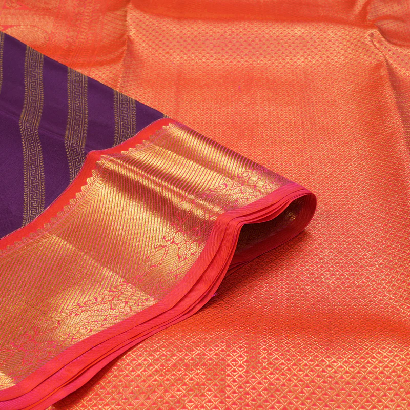 Hayagrivas Handloom Purple Kanjivaram Silk Saree with Orangish-Pink Border KSBE127C9-6 - Image 4