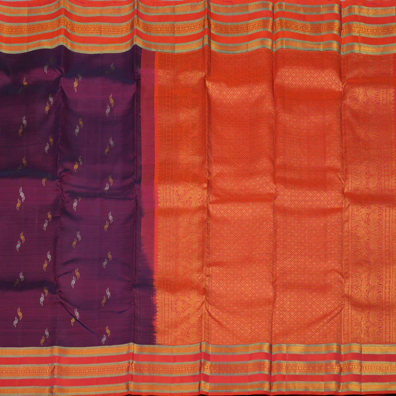Hayagrivas Handloom Purple Kanjivaram Silk Saree with Pinkish-Orange Border KBE1954L10-4 - Image 6