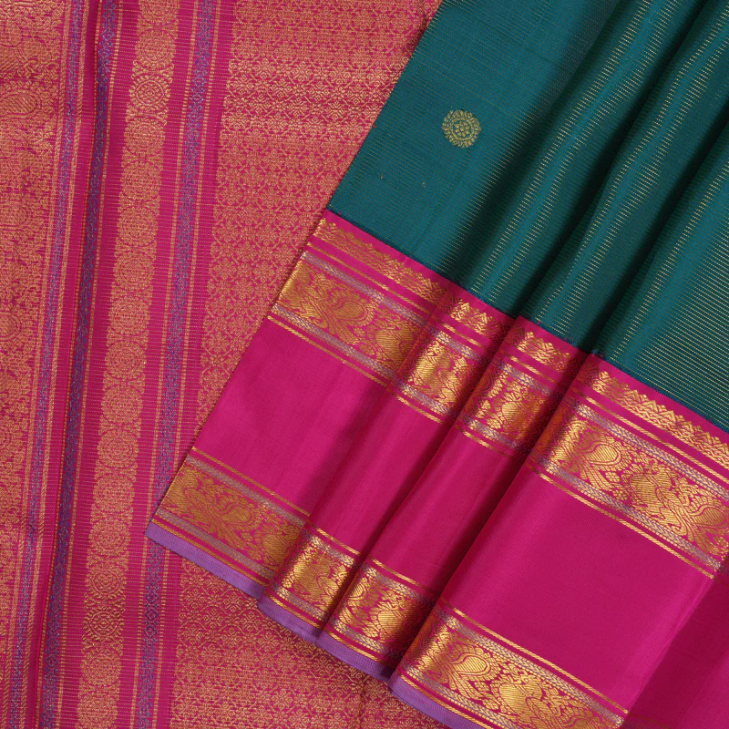 Hayagrivas Handloom Ramar Green Kanjivaram Silk Saree with Rani Pink Border KBE2331B2-1 - Image 3