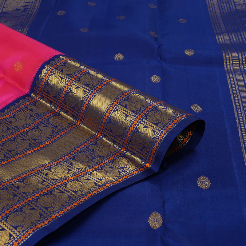 Hayagrivas Handloom Rani Pink Kanjivaram Silk Saree with Blue Border KBF228E7-1 - Image 4