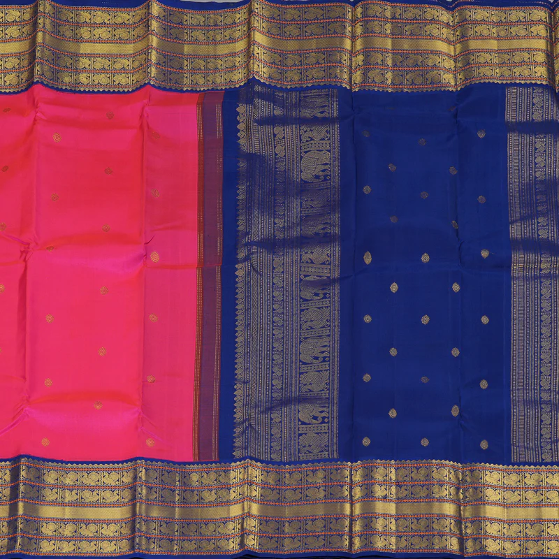 Hayagrivas Handloom Rani Pink Kanjivaram Silk Saree with Blue Border KBF228E7-1 - Image 6