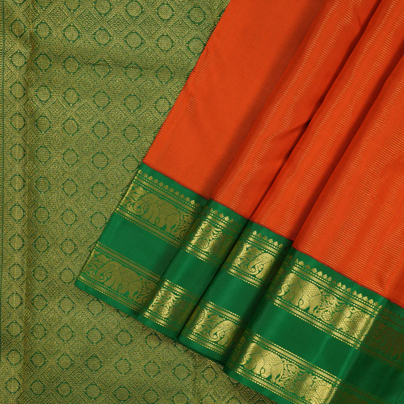 Hayagrivas Handloom Reddish-Orange Kanjivaram Silk Saree with Green Border KBE2086A5-1 - Image 2