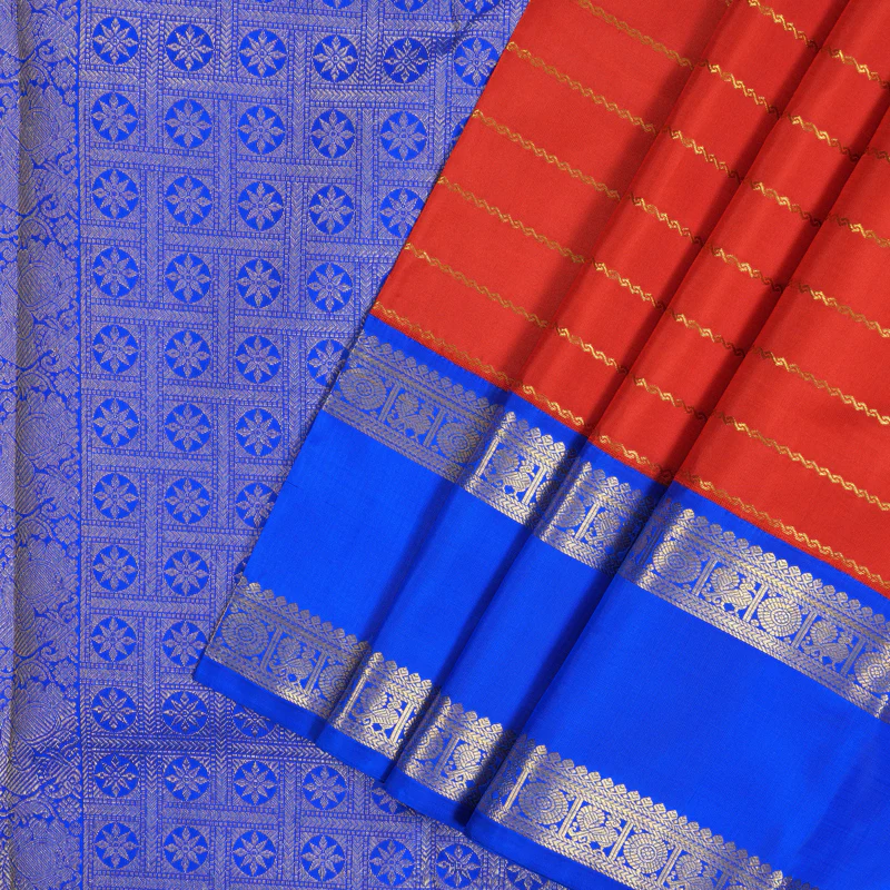 Hayagrivas Handloom Red Kanjivaram Silk Saree with MS Blue Border KBE2373B1-1 - Image 3