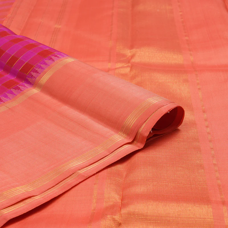 Hayagrivas Handloom Red & Pink Checks Kanjivaram Silk Saree with Peach Pink Border KBF15D5-1 - Image 3