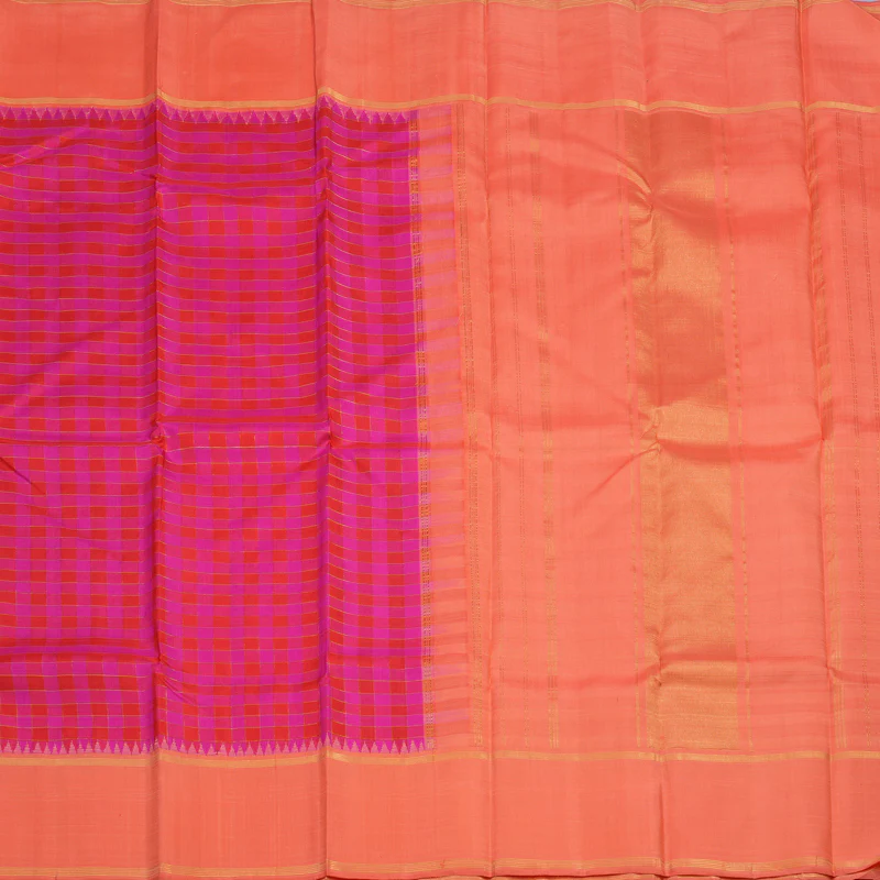 Hayagrivas Handloom Red & Pink Checks Kanjivaram Silk Saree with Peach Pink Border KBF15D5-1 - Image 5