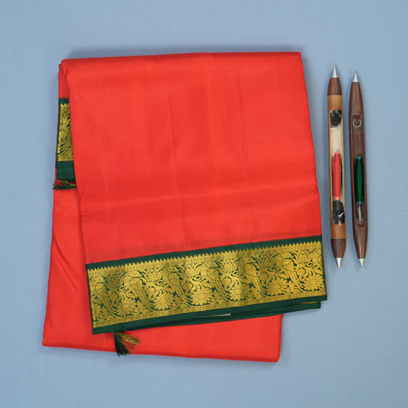 Hayagrivas Handloom Red Ten Yards Silk Saree with Bottle Green Border KBE1372J3-1