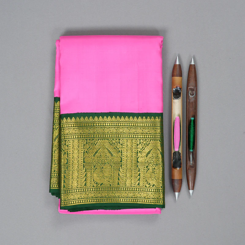 Hayagrivas Handloom Rose Pink Kanjivaram Silk Saree with Bottle Green Border KBF213E2-3 - Image 2