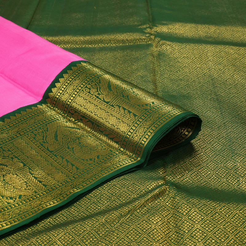 Hayagrivas Handloom Rose Pink Kanjivaram Silk Saree with Bottle Green Border KBF213E2-3 - Image 4