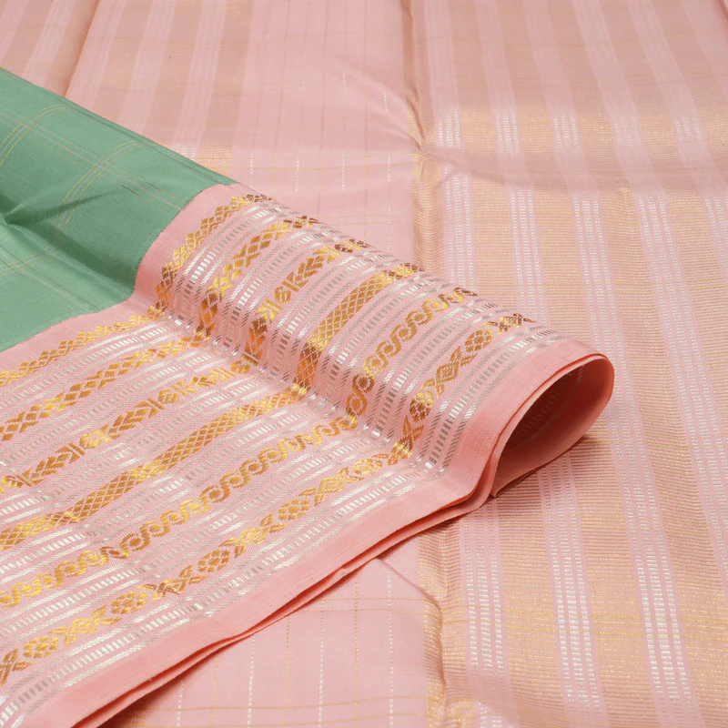 Hayagrivas Handloom Sage Green Kanjivaram Silk Saree with Baby Pink Border KBE1417J2-1 - Image 3