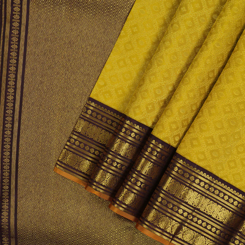 Hayagrivas Handloom Sampanga Yellow Kanjivaram Silk Saree with Kanchana Brown Border KSBE62L5-2 - Image 2