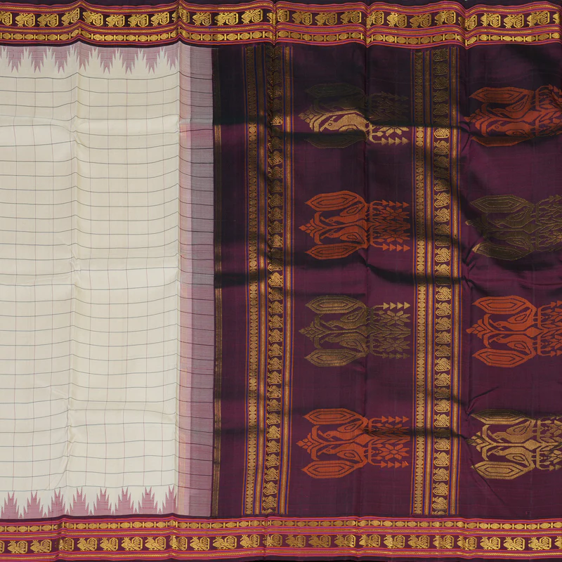 Hayagrivas Handloom Sandal Beige Kanjivaram Silk Saree with Wine Border KBE1450J1-1 - Image 6
