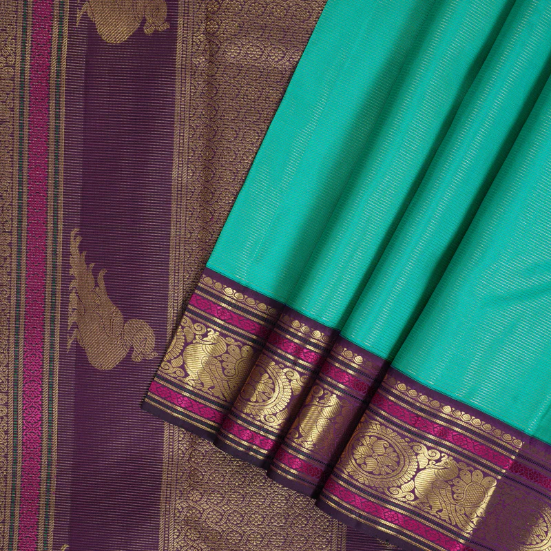 Hayagrivas Handloom Sea Green Kanjivaram Silk Saree with Purple Border KBF223E10-1 - Image 2