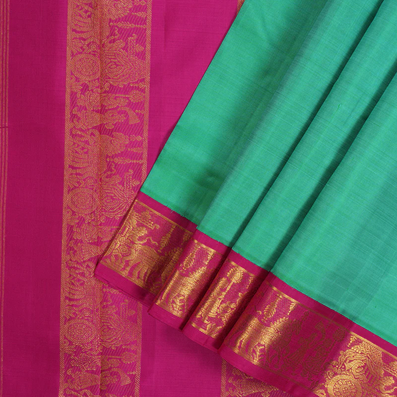 Hayagrivas Handloom Sea Green Ten Yards Silk Saree with Rani Pink Border KBE1902L6-1 - Image 2