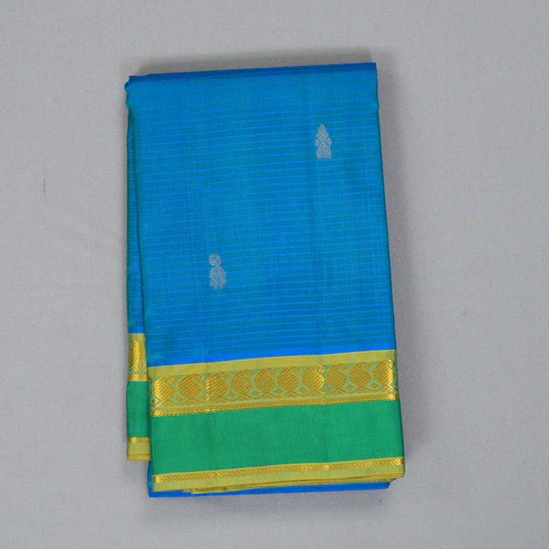 Hayagrivas Handloom Sky Blue Kanjivaram Silk Saree with Sage Green Border KBF269E4-7 - Image 2