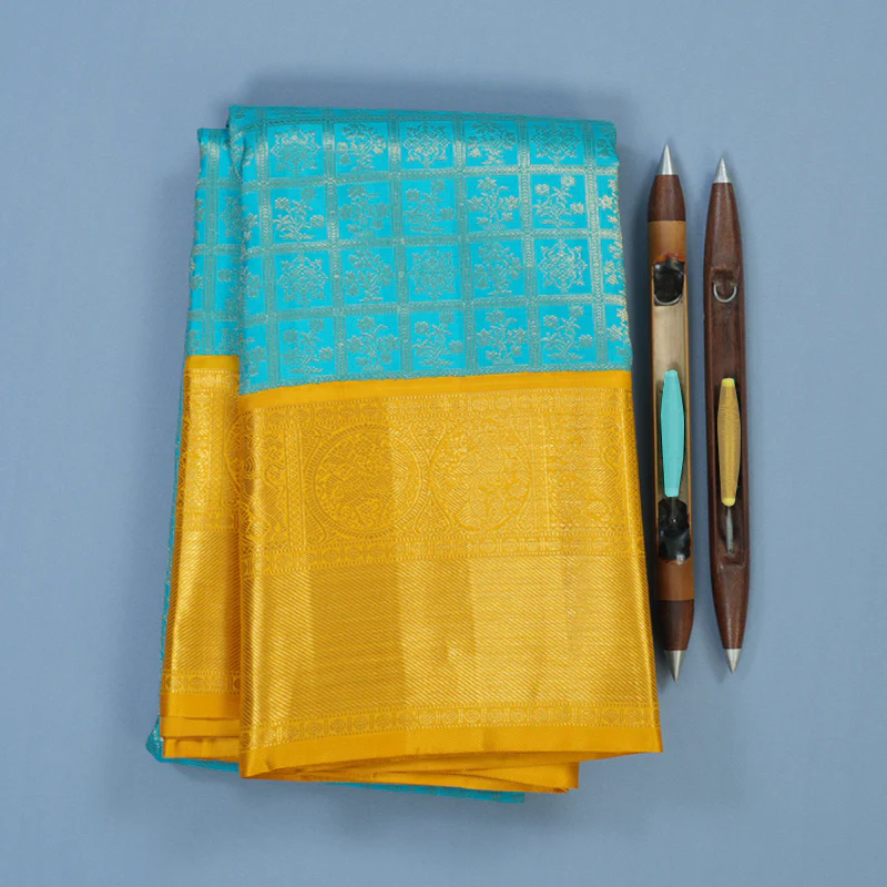 Hayagrivas Handloom Sky Blue Kanjivaram Silk Saree with Yellow Border KBE2356B7-1 - Image 2