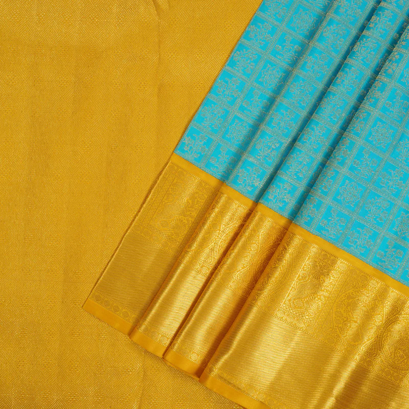 Hayagrivas Handloom Sky Blue Kanjivaram Silk Saree with Yellow Border KBE2356B7-1 - Image 3