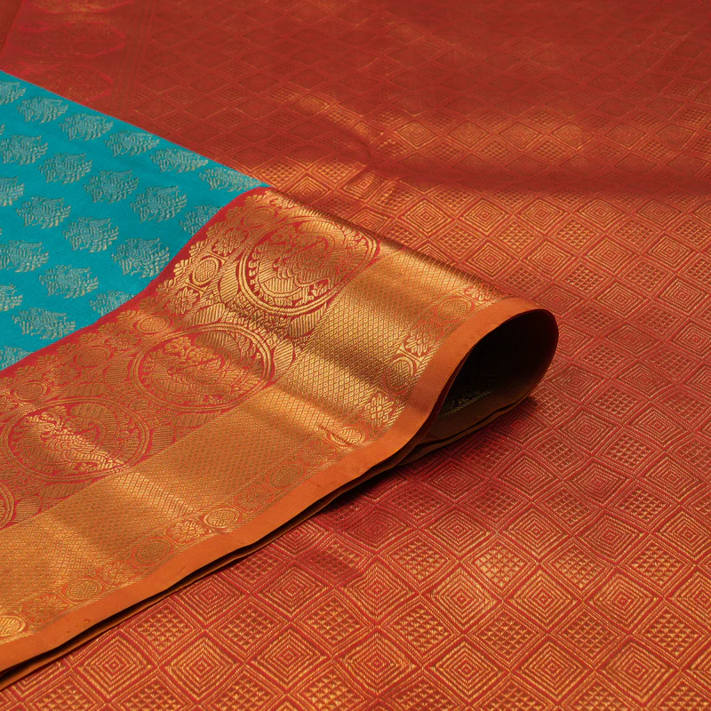 Hayagrivas Handloom Teal Blue Kanjivaram Silk Saree with Red Border KBF113D3-1 - Image 3