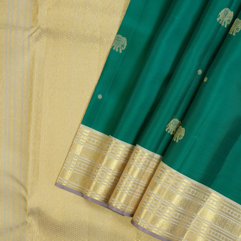 Hayagrivas Handloom Teal Green Kanjivaram Silk Saree with Beige Border SSCBF23D18-2 - Image 2