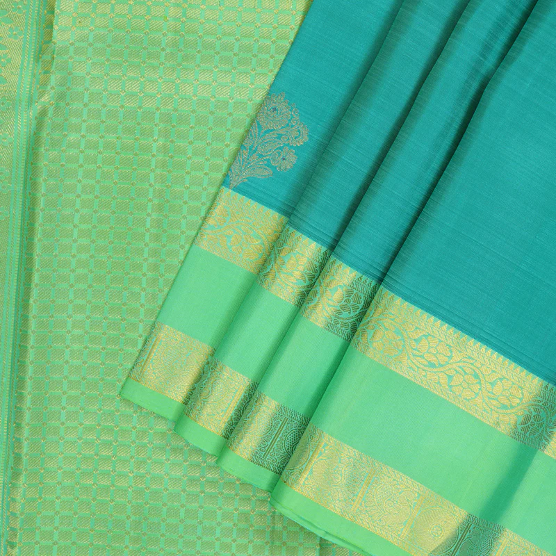 Hayagrivas Handloom Teal Kanjivaram Silk Saree with Neon Green Border KBF42D5-1 - Image 2