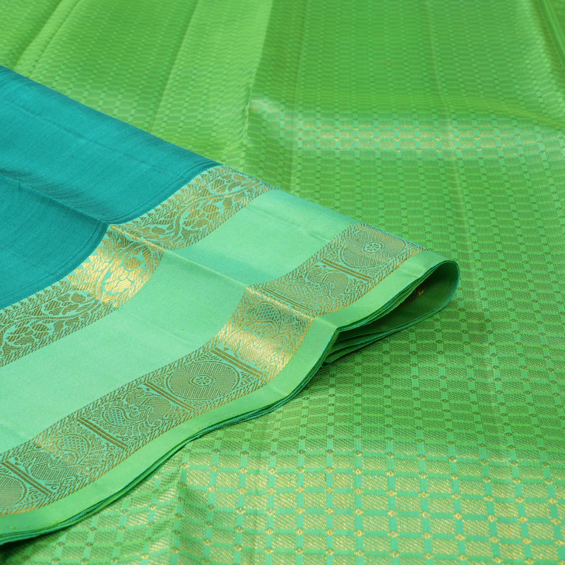 Hayagrivas Handloom Teal Kanjivaram Silk Saree with Neon Green Border KBF42D5-1 - Image 3