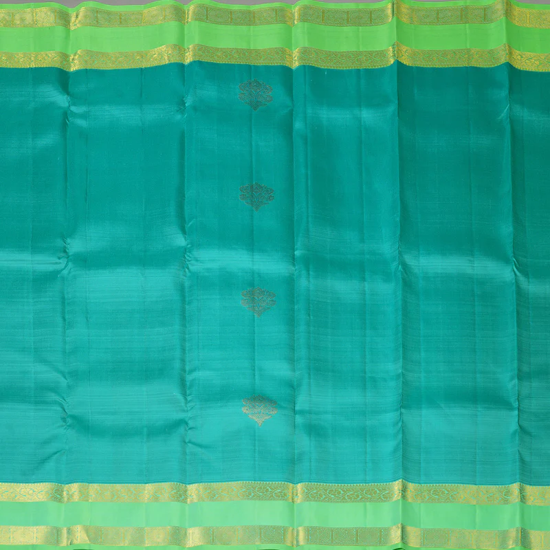 Hayagrivas Handloom Teal Kanjivaram Silk Saree with Neon Green Border KBF42D5-1 - Image 4