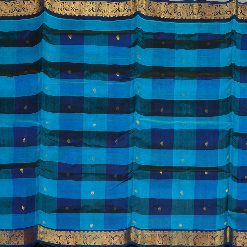 Hayagrivas Handloom Ten Yards Pure Silk Cotton Saree in Aqua Blue Multicolour Checks KBE724G3-1 - Image 3