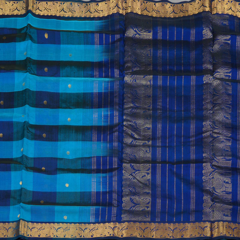 Hayagrivas Handloom Ten Yards Pure Silk Cotton Saree in Aqua Blue Multicolour Checks KBE724G3-1 - Image 4