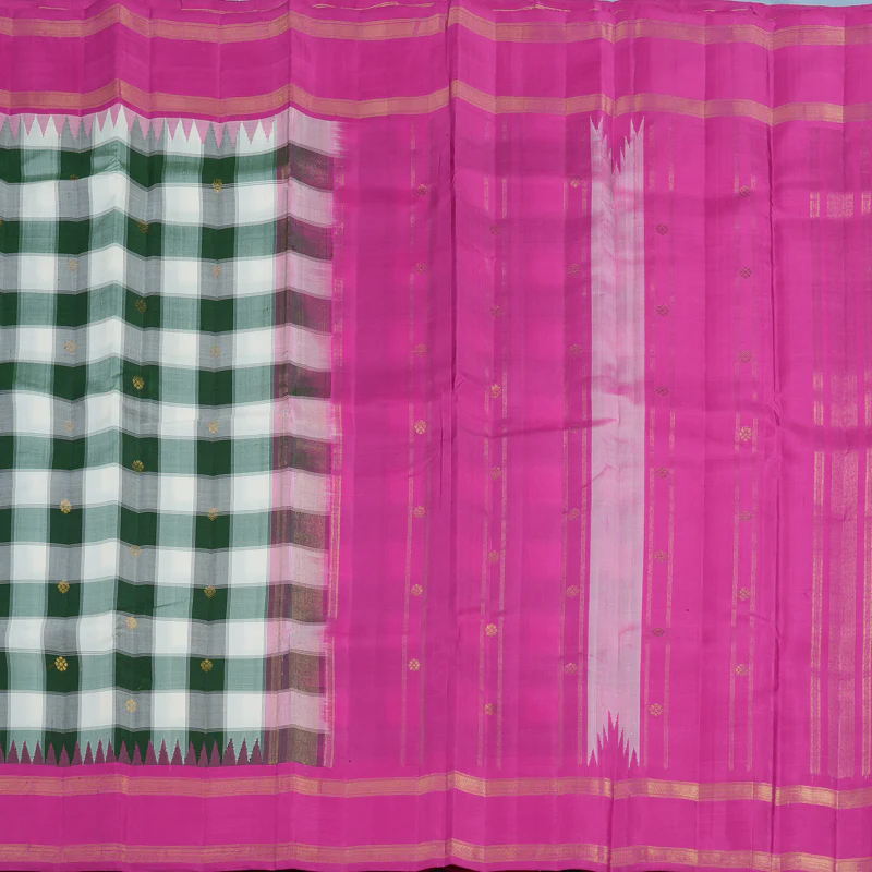 Hayagrivas Handloom White & Bottle Green Checks Kanjivaram Silk Saree with Rani Pink Border KSBE126C9-2 - Image 6