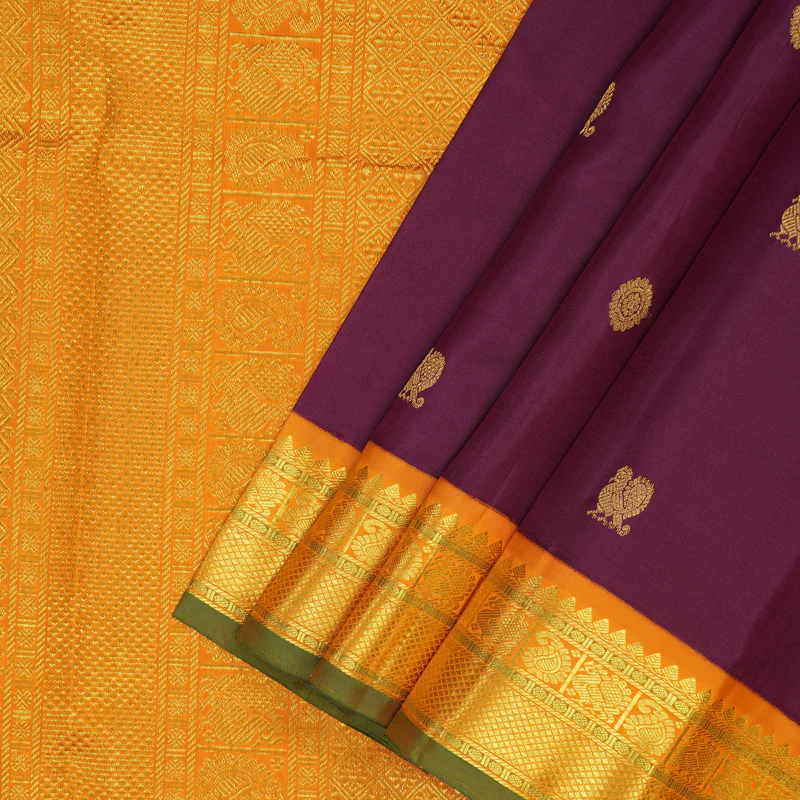 Hayagrivas Handloom Wine Magenta Kanjivaram Silk Saree with Turmeric Yellow Border KBF147D10-1 - Image 2
