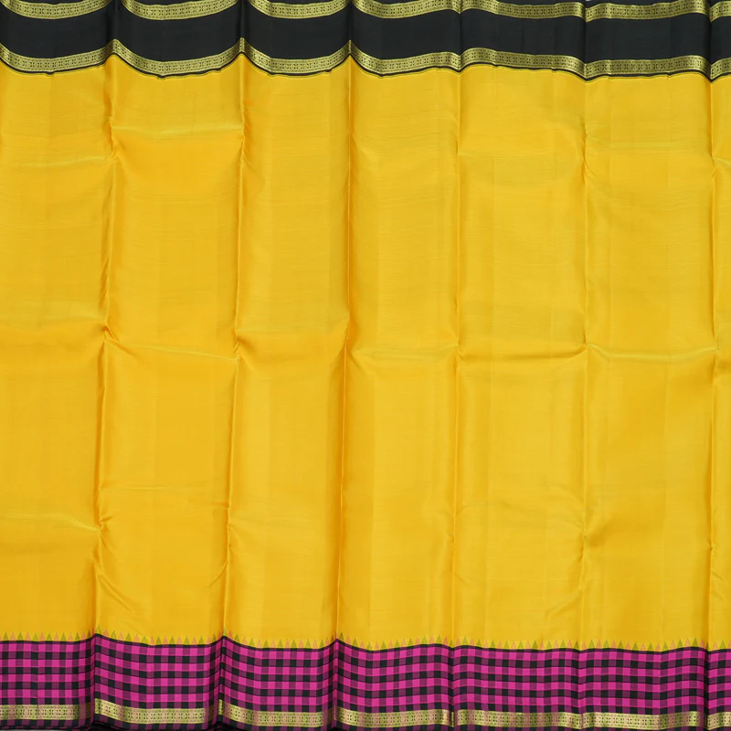 Hayagrivas Handloom Yellow Kanjivaram Silk Saree with Black & Pink Checks Border KBE1320J2-2 - Image 5