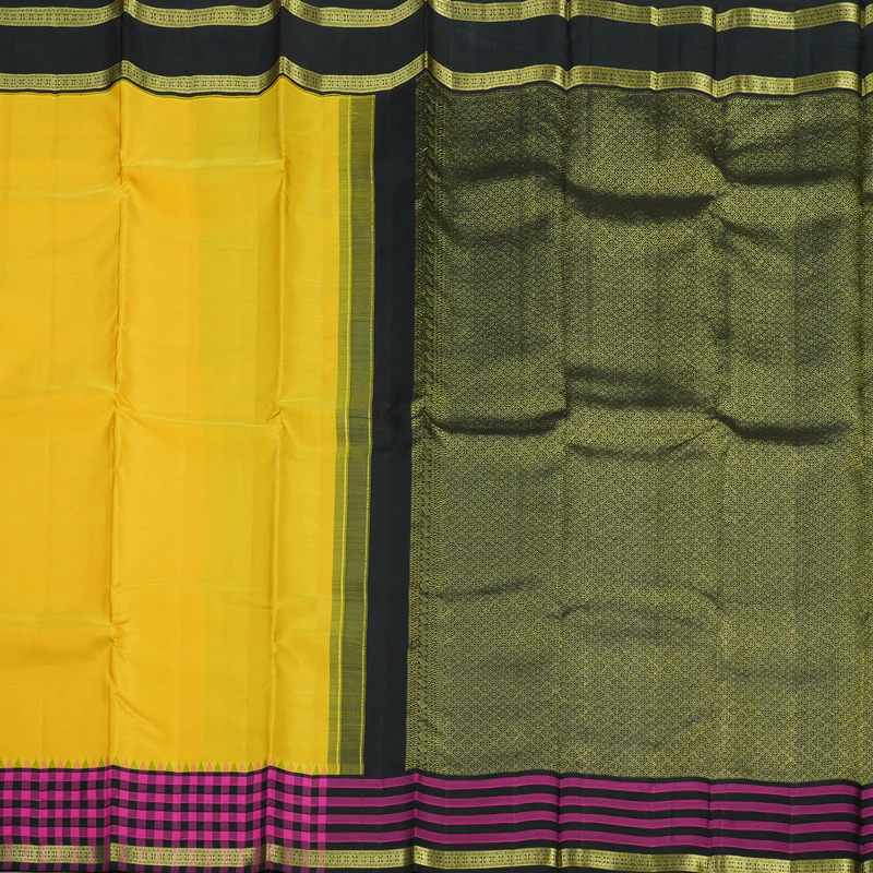 Hayagrivas Handloom Yellow Kanjivaram Silk Saree with Black & Pink Checks Border KBE1320J2-2 - Image 6