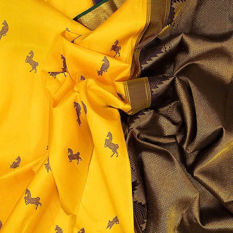 Hayagrivas Handloom Yellow Kanjivaram Silk Saree with Bottle Green Border KBF409F4-1 - Image 3