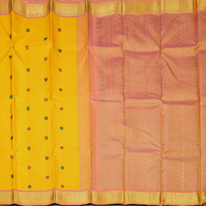 Hayagrivas Handloom Yellow Kanjivaram Silk Saree with Onion Pink Border KBF284E4-2 - Image 4