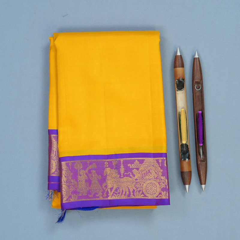 Hayagrivas Handloom Yellow Kanjivaram Silk Saree with Purple Border KBF11D5-2 - Image 2