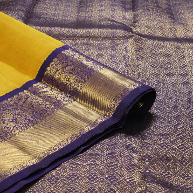 Hayagrivas Handloom Yellow Kanjivaram Silk Saree with Purple Border KBF333E7-1 - Image 3