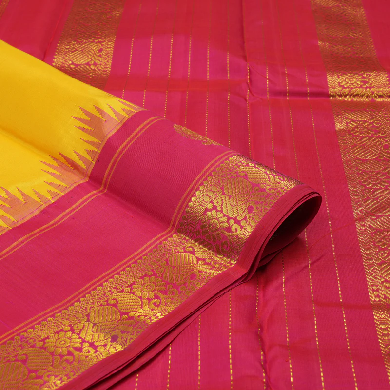 Hayagrivas Handloom Yellow Kanjivaram Silk Saree with Reddish Pink Border KBE1356J1-1 - Image 3